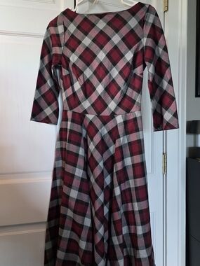 Unique Vintage Burgundy and Gray Plaid Fit-and-Flare Dress
